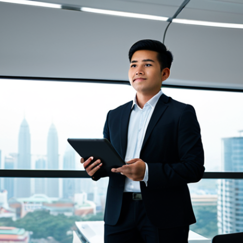 Home 4 A confident Malaysian professional in a modest, dark business suit, standing in a bright, modern office with large windows overlooking a city skyline. The subject holds a tablet displaying a professional chart, exuding competence and success. The lighting is soft and professional, highlighting the subject. Fully clothed, appropriate attire, safe for work, perfect anatomy, natural proportions, professional photography, high quality, well-formed hands, proper finger count, natural body proportions, professional.