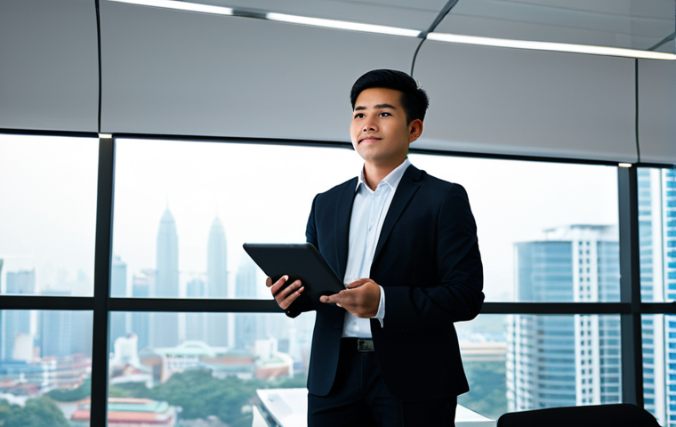 A confident Malaysian professional in a modest, dark business suit, standing in a bright, modern office with large windows overlooking a city skyline. The subject holds a tablet displaying a professional chart, exuding competence and success. The lighting is soft and professional, highlighting the subject. Fully clothed, appropriate attire, safe for work, perfect anatomy, natural proportions, professional photography, high quality, well-formed hands, proper finger count, natural body proportions, professional.